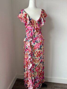 🌸 Zara Floral Ruffle Maxi Midi Wedding Guest Dress Cottagecore Small NWOT